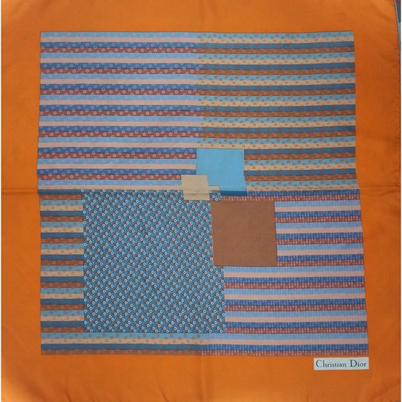 CHRISTIAN DIOR Orange Geometric Monogrammed Silk Scarf 30"/ 30” GC - Picture 1 of 8